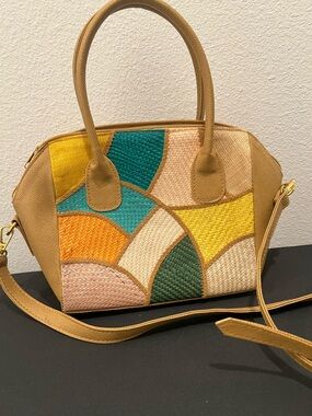 Women’s Tan Multicolor Woven Patch Satchel (hand made)